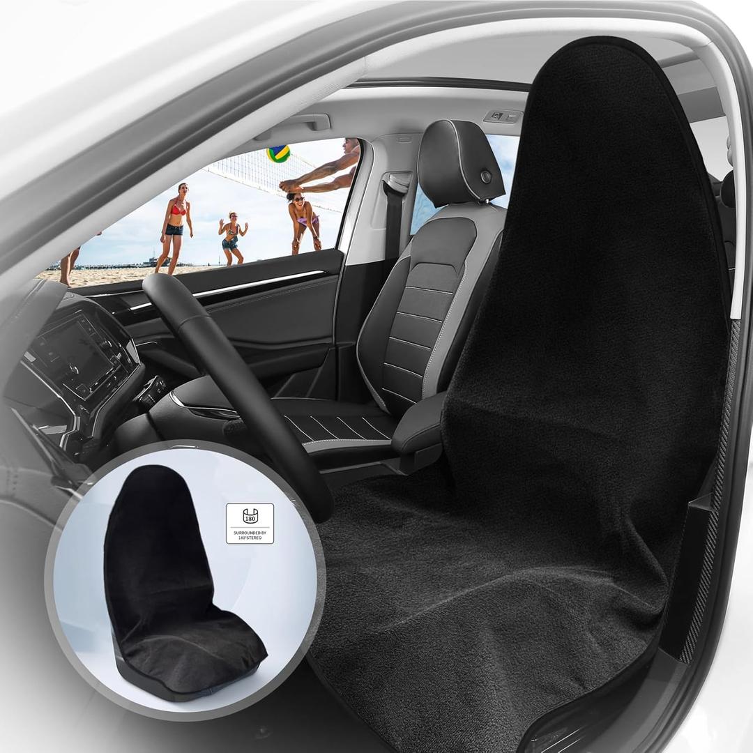 ZIMABLUE Terry Cloth seat Cover Universal Waterproof Car Sport Towel Seat Cushion Non-Slip Sweat-Absorbent Towel Cloth Suitable for All Seasons Waterproof Beach Seat Cover Washable (1 Pack, Black)