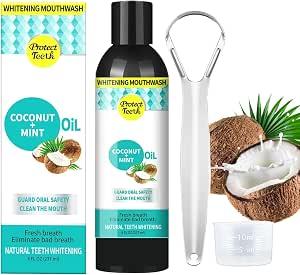 Coconut Oil Mouthwash for Teeth, Oil Pulling with Tongue Scraper, Natural Oral Care, Fights Bad Breath, Alcohol Free, Teeth Whitening, Gum Health, Dye-Free, Antigingivitis Mouthwash (S)