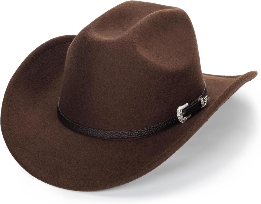 Classic Black Western Felt Roll Up Brim Cowboy and Cowgirl Hat for Women and Men - Decoration with Western Belt Bukle (7-7 1/4, Brown With Carved)
