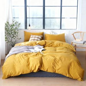 Duvet Cover Set 100% Washed Cotton Linen Like Textured Breathable Durable Soft Comfy 3 Pieces Bedding Set with Zipper Closure, 1 Duvet Cover 90x90 Inches and 2 Pillow Shams(Queen, Yellow)