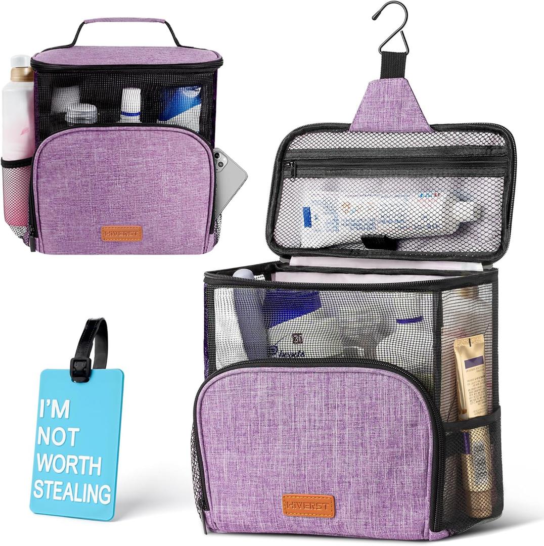 Hanging Toiletry Bag, Shower Caddy Tote Bag (Updated Version, Full Size Bottle Compatible), Bath Organizer for College Dorms, Gym, Camp, Women Men, with Funny Luggage Tag (Purple)