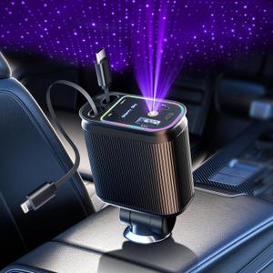Retractable Car Charger with Starlight, 66W Starlight in Car roof 4 in 1 Retractable Car Phone Charger Adapter, Fast Charging USB C Cable, Compatible with iPhone 17/16/15/14/13/12
