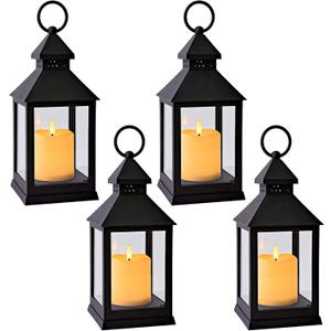 Vintage Lantern Decorative LED Flickering Flameless Candle with Timer, Battery Powered LED Decorative Hanging Lanterns for Indoor Outdoor Garden Yard Home Decor(4 Pack) (4Pack, Black)