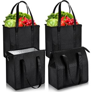 Paterr 4 Pcs Insulated Grocery Bags Large Reusable Insulated Cooler Bags with Zipper Top Shopping Totes for Hot or Cold Food (Black)
