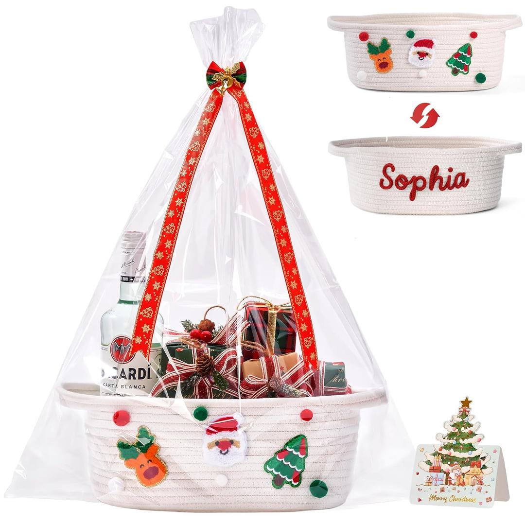 Christmas Baskets for Gifts Empty, Woven Rope White Christmas Gift Baskets Empty with Handle, Ribbon, Row Decor, Personalized Name Cotton Rope, Xmas Holiday Storage Gifts Baskets Decor for Home