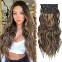 FESHFEN Clip in Hair Extensions - 4 PCS Long Wavy Clip in Hairpieces Full Head Synthetic Hair Extension for Women, 20 Inch Brown Highlighteded Caramel Blonde