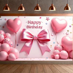 Pink Bow Birthday Banner Backdrop Coquette Bow Happy Birthday Party Decoration Photography Background for Women Girl (Pink Bow B)