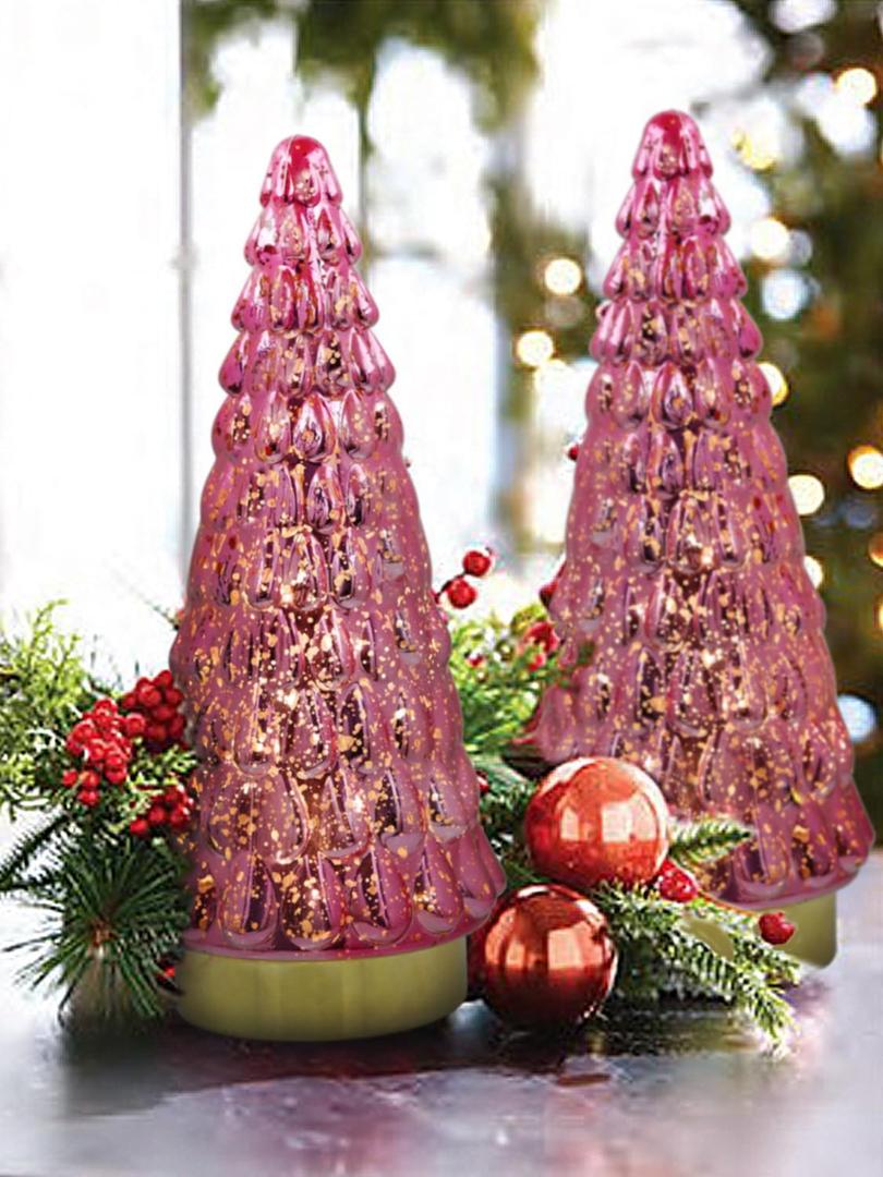 Pink Glass Christmas Tree 2pcs, Tabletop Mercury Christmas Tree with Light, Battery Operated Small Xmas Tree for Fireplace Centerpiece Decorations 10"