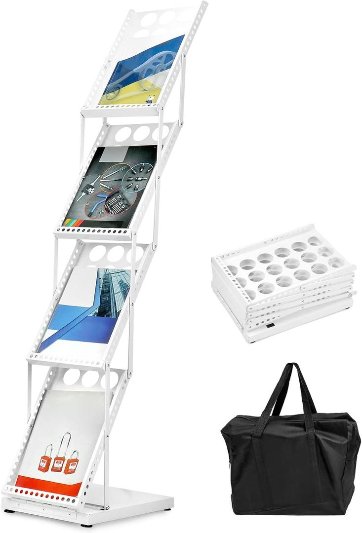 QWORK Foldable Brochure Display Stand, Magazine Brochure Display Rack Stand, 4 Pocket Literature CatalogTradeshow Display Stand, for Office Store and Exhibition Trade Show (White) (1 Pack)