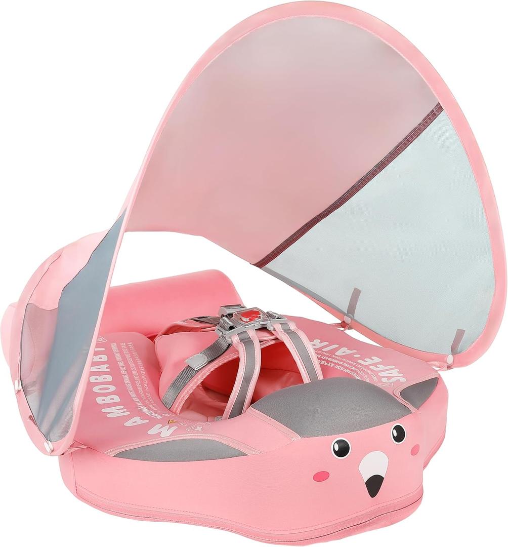 Mambobaby Non-Inflatable Baby Pool Float with Tail and Canopy UPF 50+ Sun Protection No Flip Over Infant Swim Float Skin-Friendly Mambo Float Swim Trainer Solid Baby Swimming Ring