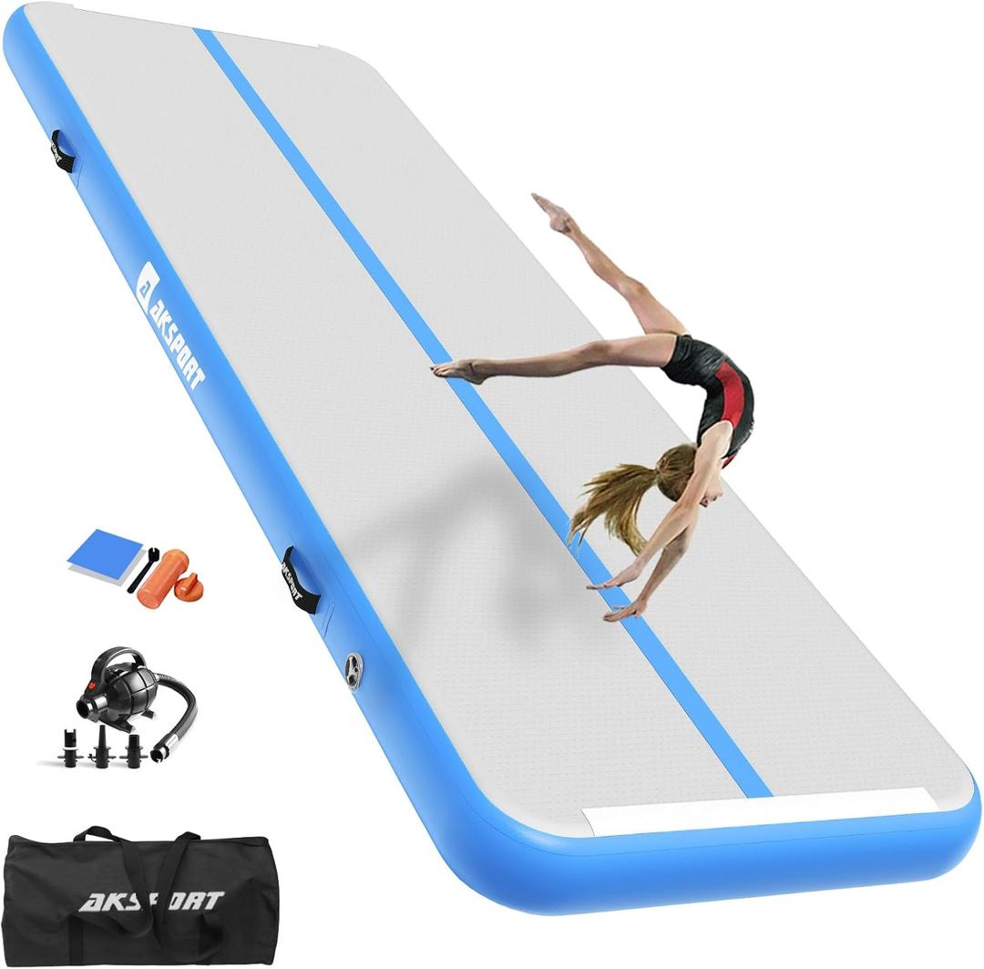AKSPORT Gymnastics Air Mat Tumble Track Tumbling Mat Inflatable Floor Mats with Air Pump for Home Use/Tumble/Gym/Training/Cheerleading/Parkour/Beach/Park/Water (10ftx3.3ftx4inch, Light Blue)
