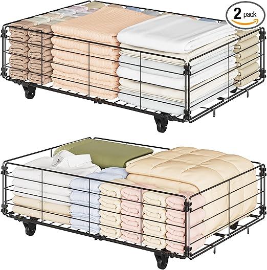 2 Pack Under Bed Storage with Wheels, Under Bed Storage Containers with PVC Clear Lids, Under Bed Shoe Storage Organizer, Rolling Metal Drawer for Clothes, Books, Toys, Blankets (Black)