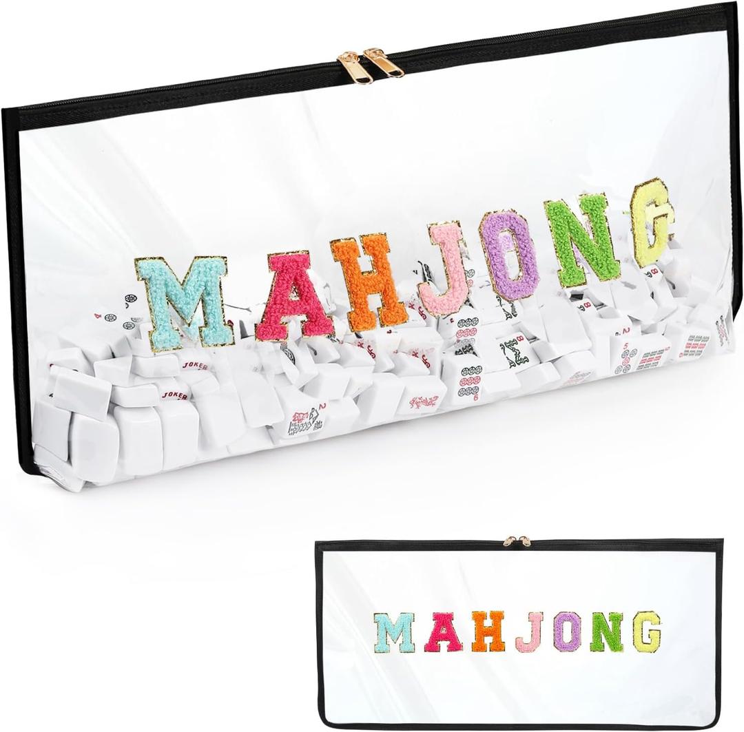 Mahjong Tile Bag Chenille Letter Side Widening, PVC Waterproof American Mahjong Storage Pouch for Travel Party Game 21.3"x10.3"x1.9"(Case Only)