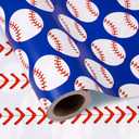 WRAPAHOLIC 30 Inch Reversible Baseball Wrapping Paper Roll - 30 Inch x 33 Feet - Classic Sports Baseball and Red Stitching Design for Birthday, Baby Shower, Party, Holiday