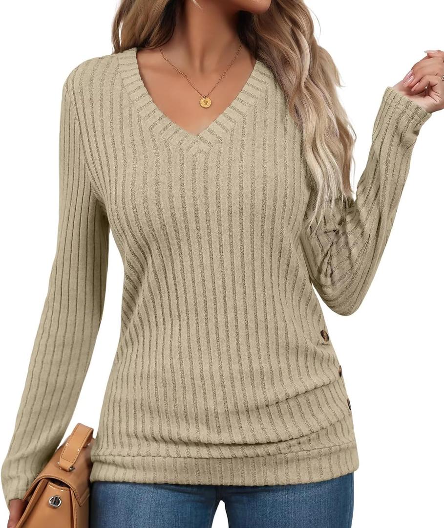 Bliwov Womens Tunic Tops Long Sleeve V Neck Casual Fall Outfits Ruched Button Pullover Sweater Loose Blouse Fashion Clothes (XL)