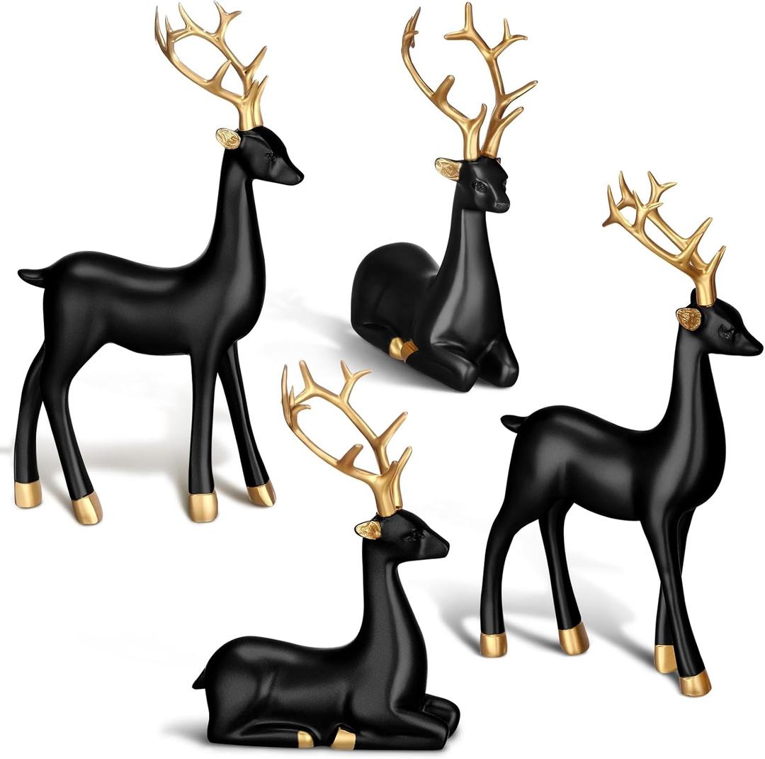 Thyle 4 Pcs Christmas Reindeer Decor Small Resin Standing Sitting Deer Figurine Mini Reindeer Christmas Table Decoration for Home Indoor Xmas Holiday Small Statue Rustic Table Decor(Black, Gold)