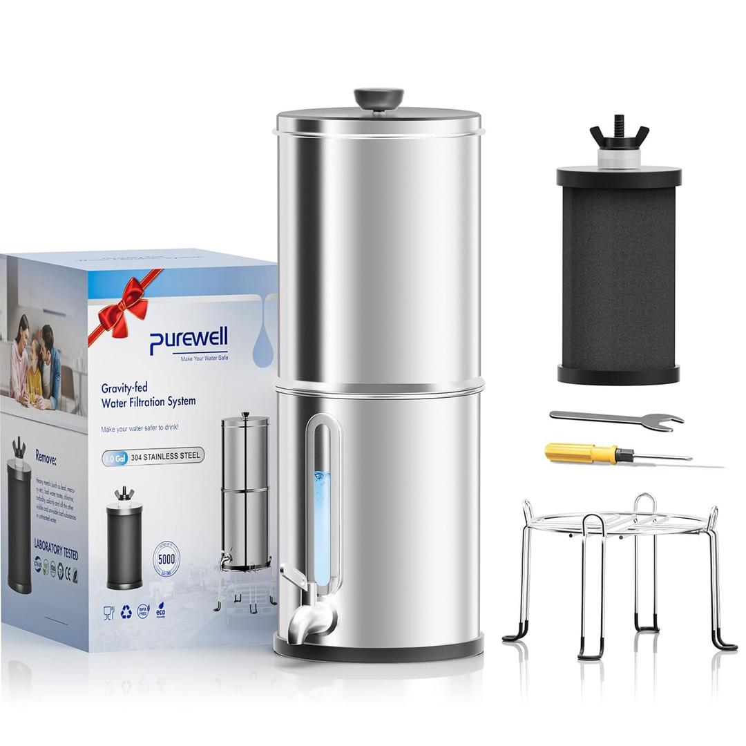 Purewell 1.0 Gallon Portable Gravity Water Filter System, 3-Stage 0.01m Ultra-Filtration Countertop System with Water Level Window and Stand, Reduce 99% Chlorine, for Camping, RVing, Home (PW-1G-K) (Silver)
