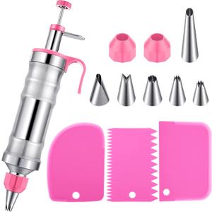 Patelai Cake Decorating Syringe Set, Stainless Steels Dessert Frosting Piping Kit with 6 Icing Piping Tips 3 Cream Scraper for Cupcake Decorating Tools(Pink)