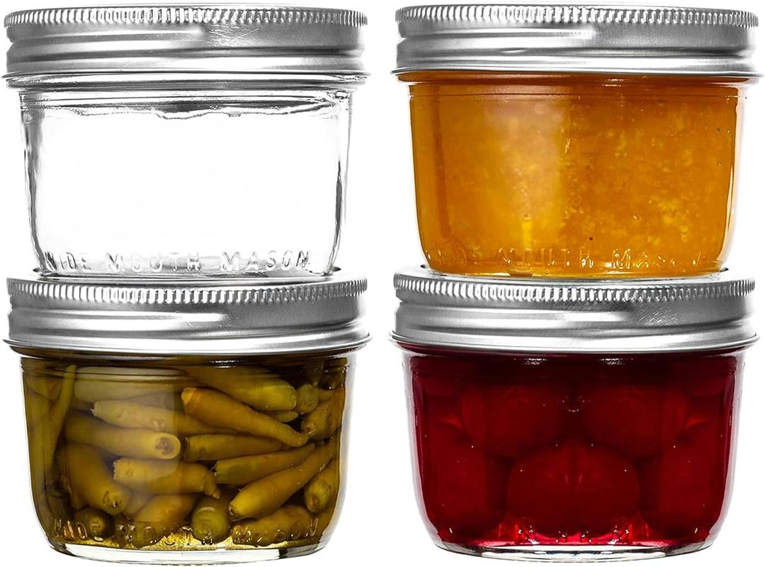 Wide Mouth Half-Pint Glass Mason Jars 8-Ounces with Airtight Lids and Bands - (4 Pack) - For Storage, Canning, Fermenting, Freezing, Microwave & Dishwasher Safe + M.E.M Rubber Jar Opener Included