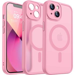 CANSHN Magnetic for iPhone 13 Case, Upgraded [Full Camera Protection] [Compatible with Magsafe] [Translucent Matte] Shockproof Protective Phone Case for iPhone 13 6.1" - Pink