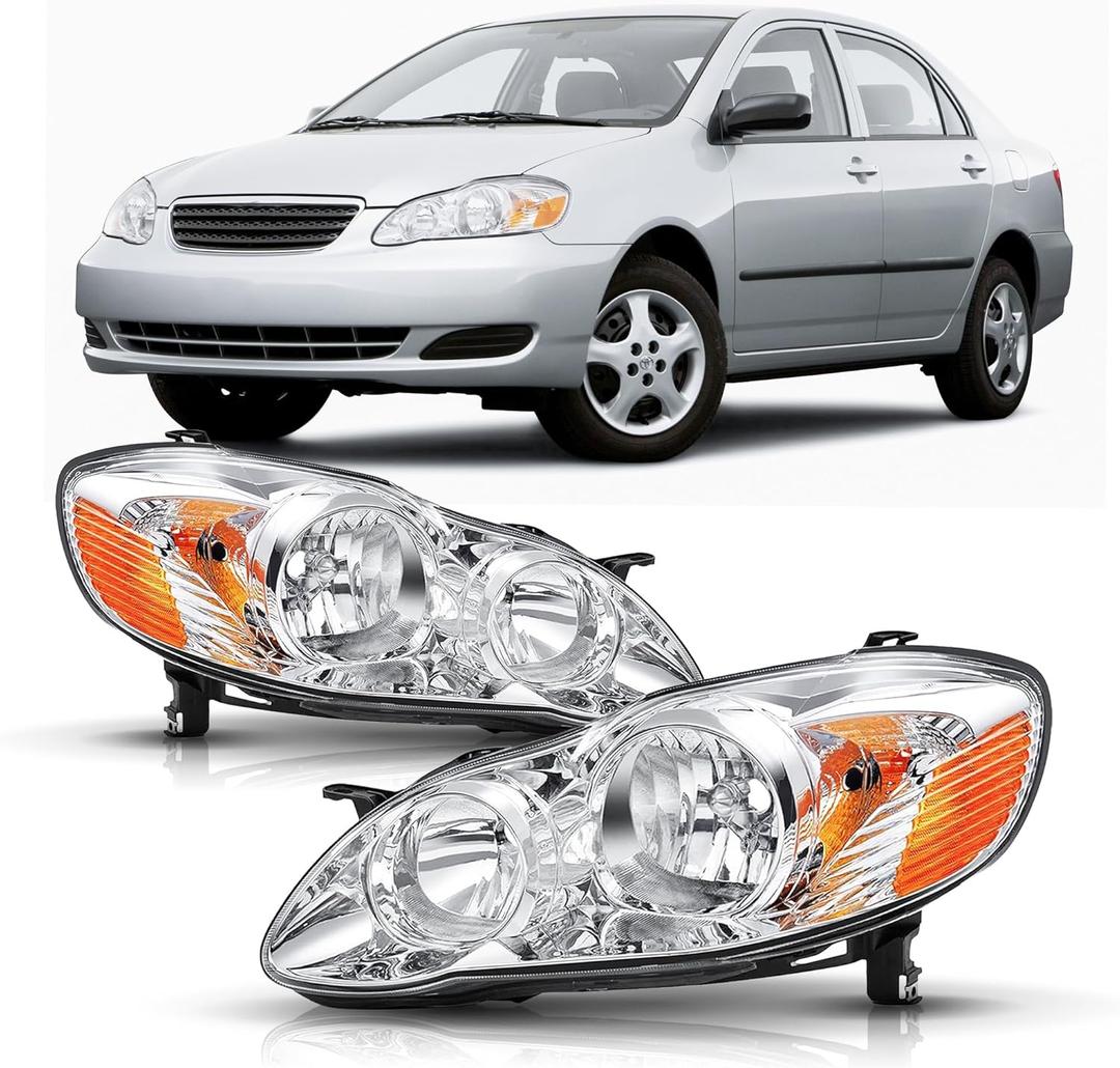 for 2003 2004 2005 2006 2007 2008 Toyota Corolla Headlights Headlamp Assembly Replacement Pair,Chrome Housing Amber