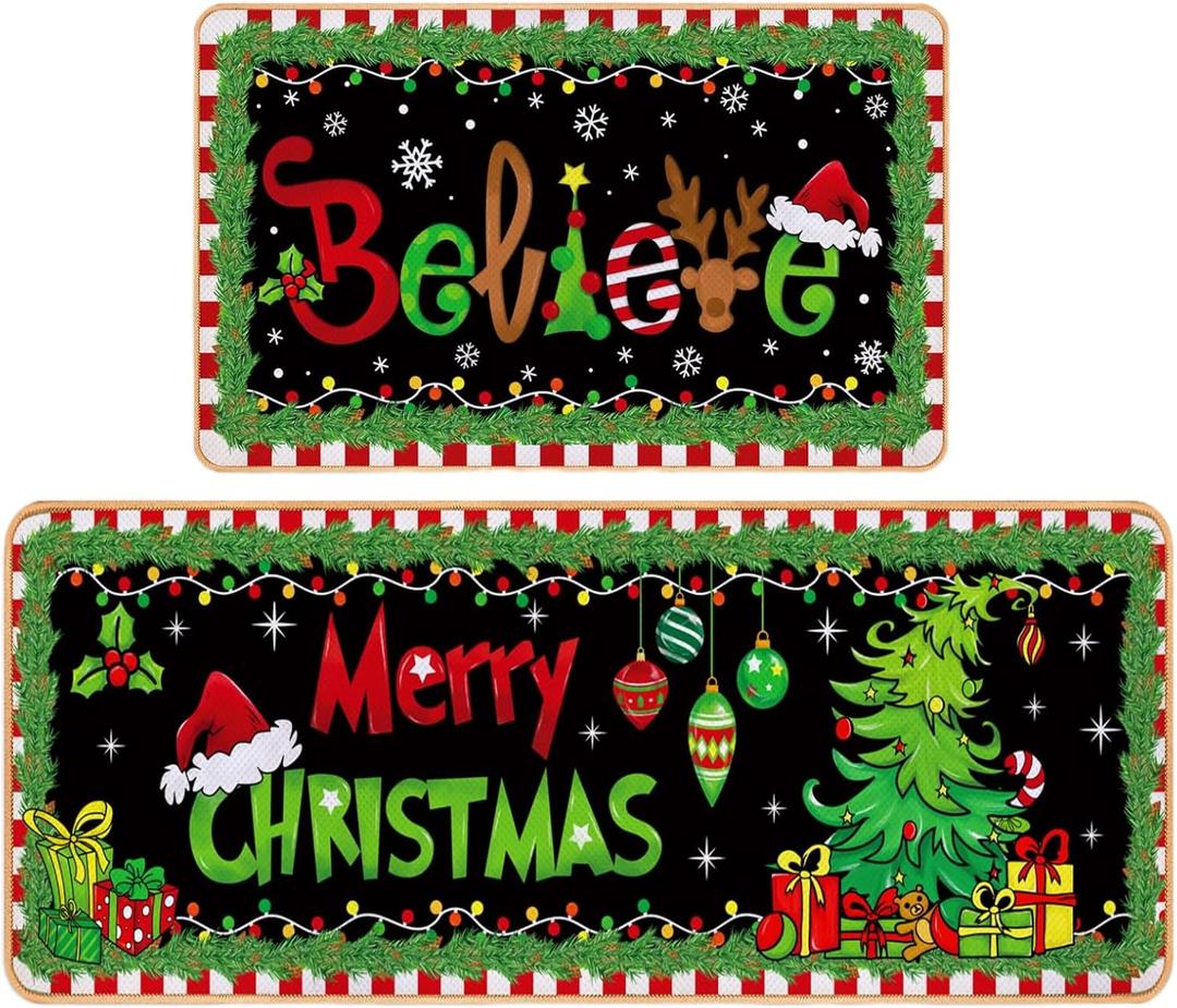 Decorative Kitchen Mat Set, Christmas Holiday Theme, Low Profile Floor Carpet for Home, Party, Autumn Decor, 2 Piece (Christmas)