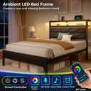 Seventable Bed Frame Twin Size with Charging Station, LED Bed with Upholstered Storage Headboard, Metal Platform Bed with Under Bed Storage, No Box Spring Needed, Noise Free, Easy Assembly, Grey