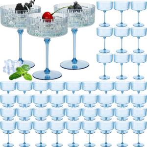 Jingmore 48 Pcs Ribbed Martini Glasses 10 oz Disposable Plastic Vintage Ribbed Coupe Glasses Unbreakable Dessert Parfait Glassware for Wedding Birthday Party Supplies (Blue)