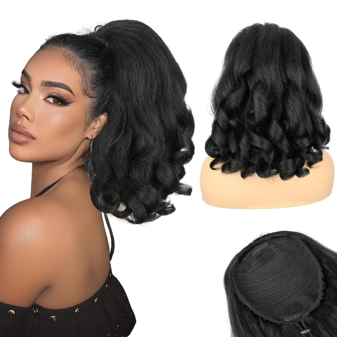 Ponytail Extension,16" Curly Drawstring Ponytail for Black Women Yaki Straight with Curly Ends Synthetic Hairpiece Hair Extension Pony Tails for Women(Black)