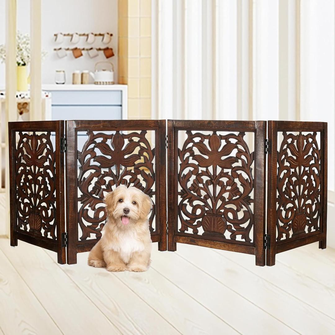 Lightnpro Wooden Dog Gate -Foldable Freestanding Pet Gate for Indoor Use, Adjustable Safety Barrier for Dog, Puppies & Small Pets, for Stairs & Doorways- 24" Height 18" Wide (4 Panel) Natural Burnt