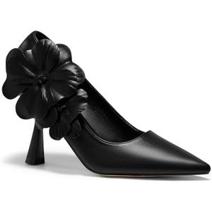 Coutgo Womens Stiletto High Heels Flower Dress Shoes Closed Pointed Toe Slip on Wedding Party Formal Pumps (Black)
