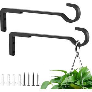 8 Inch 2 Pack Black Heavy Duty Outdoor Plant Hangers, Iron Hanging Plant Brackets for Hanging Plants Outside, Metal Plant Hooks Plant Wall Hooks for Hanging Lantern, Bird Feeder