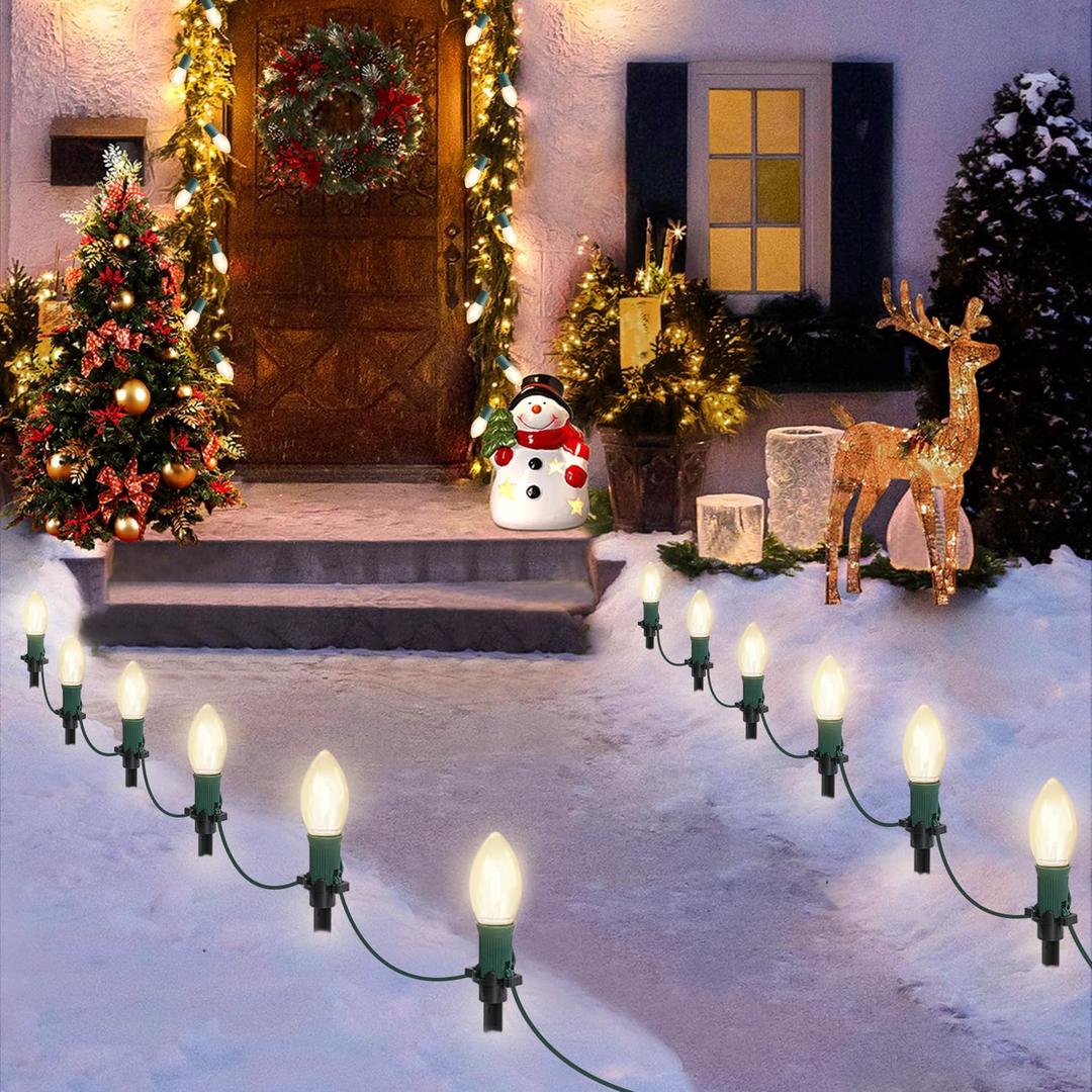 30Ft C9 Led Christmas Pathway Lights Outdoor, 20 Warm White Bulbs Waterproof Connectable Christmas Walkway Lights with Stakes for Yard Lawn Sidewalk Driveway Christmas Decorations