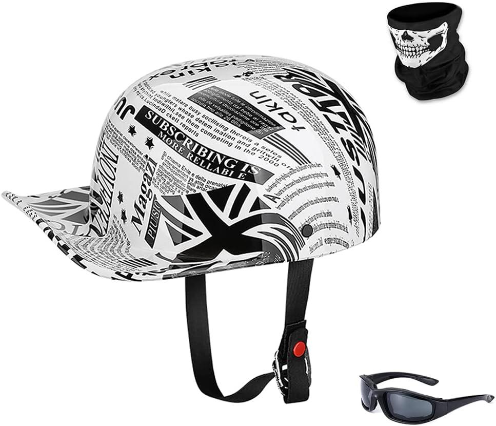 Vintage Open Face Motorcycle Helmet Retro Baseball Cap Half Helmets Men Women for Cruiser Street Scooter Moped Cap Jet with Mask Glasses - DOT Certified (Medium, Newspaper)