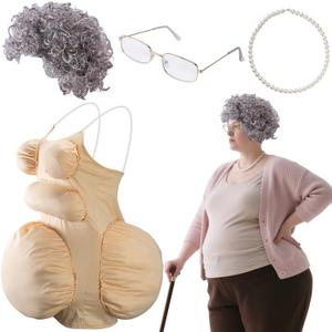 4 Pcs Halloween Fat Old Lady Costume, Fake Belly and Chest Fat Suit, Granny Wig Cap Glasses Necklace for Cosplay Party (Gold)