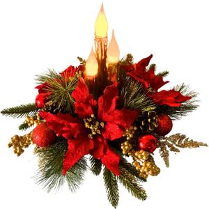 Christmas Decorations,Christmas Floral Arrangement Centerpiece for Table, Golden Flameless Candles Red Poinsettia Flower Golden Pine Cones Berries and Ball Ornaments Holiday Winter Decorations