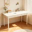 48in Rubber Wood Desk with Two Drawers, French Home Office Writing Tables with Storage, Multi-Functional Wood Vanity, Study Desk for Bedroom, Living-Room, White, 47.24" x 23.62" x 29.5"