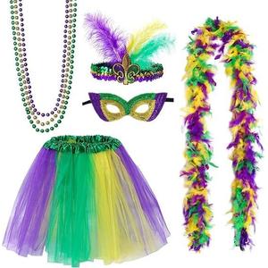 5PCS Festival Costumes Accessories for Women, Faux Feather Headband, Beads Necklaces Feather Boa, Applicable to Party Cosplay