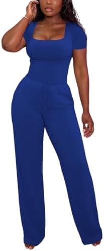 PINSV Women's 2 Piece Outfits Square Neck Short Sleeve Top Wide Leg Pants Tracksuit Lounge Sets L