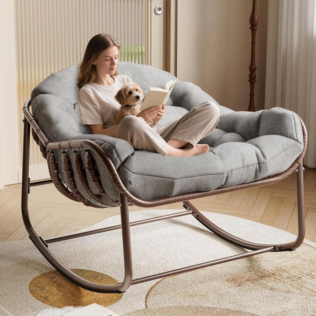 Garvee Oversized Wicker Lounge Chair with Cushion and Metal Frame | Outdoor Papasan Rocking Chair, Patio Rattan Egg Rocker for Balcony Backyard Porch Bedroom (Grey)