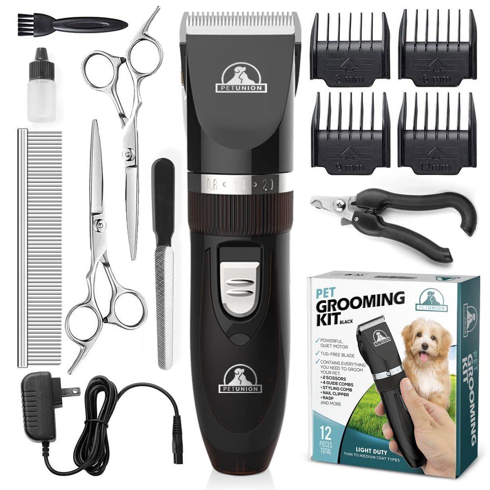 Pet Union Professional Dog Grooming Kit - Cordless Low Noise Dog Clippers for Grooming Thick Coats - All Pet Safe Cat Hair Trimmer - Pet Grooming Kit Includes Dog Hair Clippers, Nail Trimmer & Shears (Black)