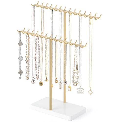 Mkono Necklace Holder Organizer Metal Jewelry Display Stand 2 Tier Bracelet Hanger Gold Tree Tower Rack for Storage Bangles and Earrings Gift for Women Bedroom Dressing Table Decor