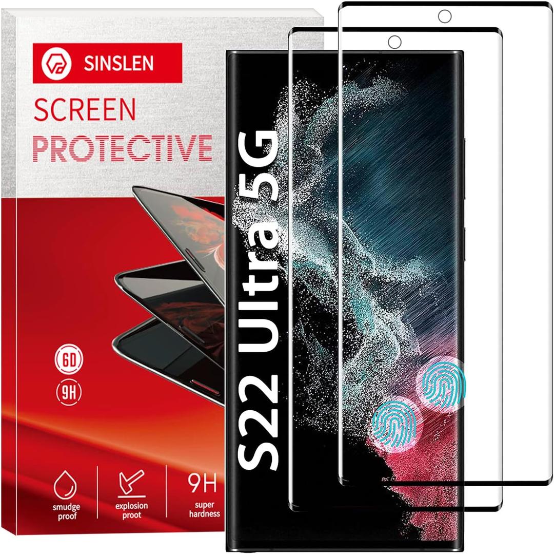 2 PackSinslen Screen Protector for Galaxy S22 Ultra , S22ultra Tempered Glass Screen Protector, [3D Curved][Anti-Scratch][Anti-Fingerprint] Tempered Glass Screen Protector for Samsung Galaxy S22 Ultra (samsung galaxy s22 ultra)