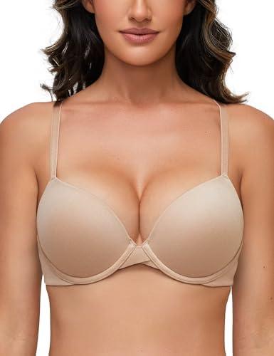 Deyllo Women's Push Up Bra Padded Underwire T-Shirt Smooth Plunge Deep V Lift Up Add One Cup