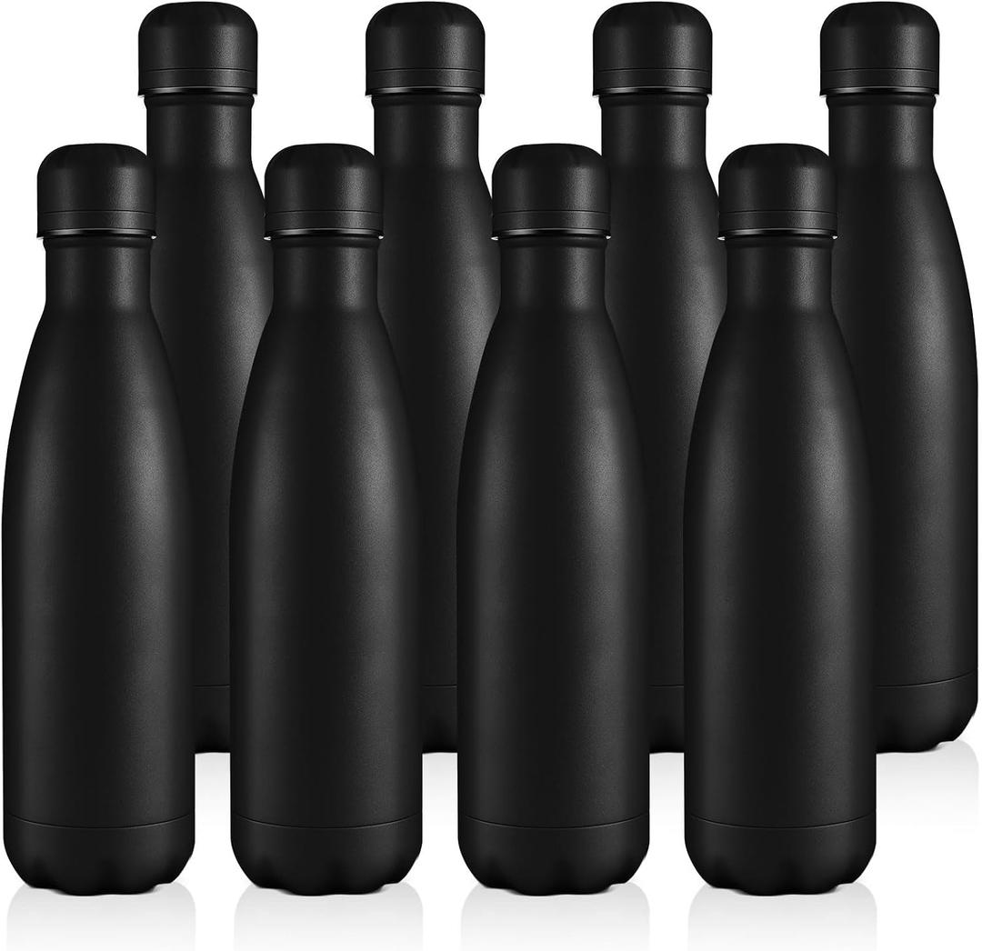 Volhoply 17oz Stainless Steel Water Bottles Bulk, Leakproof Insulated Metal Water Bottle for Sports, Travel, Adult, Black,8 Pack）