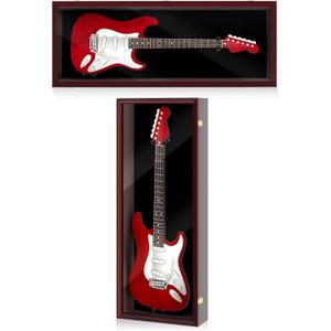 Electric/Acoustic Guitar Display Case Wall Mount Guitar Case Cabinet Shadow Box with Hanger Stand and Lock 98% UV Protection Acrylic Clear Door for Musician Collection(Red Brown,44'')