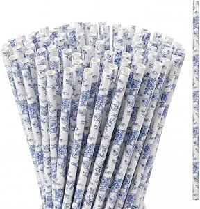 Honeydak 50 Pieces Blue and White Floral Reusable Straws Bulk 9" Floral Hard Plastic Drinking Straws for Beverage Cocktail Mason Jar Tumbler Birthday Wedding Tea Party Supplies