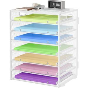 Biciyarn 8 Tier Paper Organizer with Handle, Metal Mesh Desk File Organizer, Large Capacity Desk Organizers Paper Letter Tray Desktop Document Sorter for Office, Home or School - White