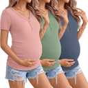 3 Pack Womens Maternity Shirts Short Sleeve Cotton Ribbed V Neck Pregnancy Clothes Casual Henley Side Ruched Tees (Small, Haze Blue, Light Pink, Gray Green)