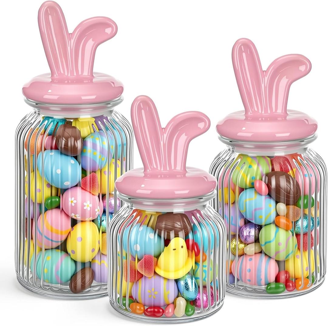 Potchen Easter Glass Jars with Airtight Lids Set of 3, 22oz, 34oz & 44oz Large Cookie Jar Set, Clear Candy Storage Canisters for Easter Party Gift Table & Countertop Decoration